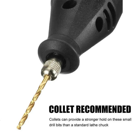 Close-up of a drill chuck with a titanium twist drill bit for the Top Pick 100 Piece Twist Drill Bit Set For Woodworking And DIY Projects With Titanium Plating High Speed Steel Round Shank Hand Electric Drill Tool Kit That Lasts A Long Time.