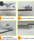 16Pcs 1-inch fixed caster wheels with screws and double-sided tape; collage of front, side, close-up, installed views