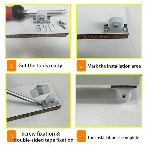 16Pcs 1-inch fixed caster wheels with screws and double-sided tape; collage of front, side, close-up, installed views