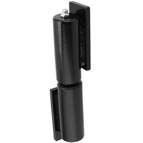 Black 7-inch heavy-duty barrel gate hinge with weld-on mounting tabs for swing gates.