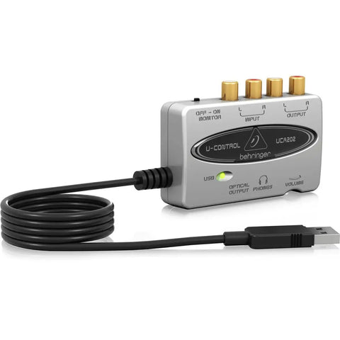 UCA202 Ultra Low Latency USB Audio Interface With 2 In 2 Out Digital Output For PC And Mac, side view with attached USB cable