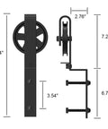 Modern Sliding Barn Door Hardware Kit With Big Rollers Bent Hanger System, side and front view, black finish, dimensions shown.