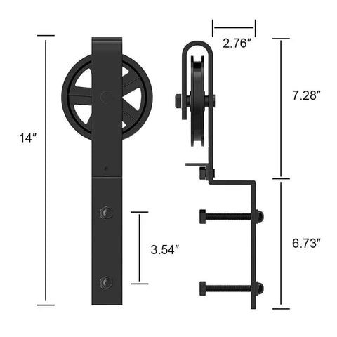 Heavy Duty Sliding Barn Door Hardware Kit With Big Rollers Bent Hanger System side and front view with dimensions shown