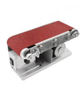 Top Rated Mini Belt Sander Desktop Electric Power Tool For DIY Woodworking Projects Compact Sanding Machine close-up view of sanding belt and rollers