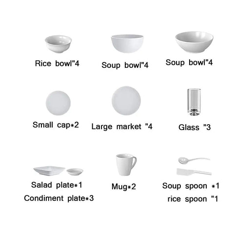 Variety of white kitchenware including bowls, plates, mug, glass, and utensils for versatile dining needs.