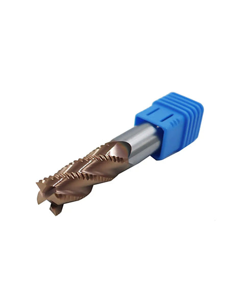 Half Inch Carbide Roughing End Mill With TiN Coating, Four Flute CNC Router Bit in blue holder, visible cutting flutes and shank