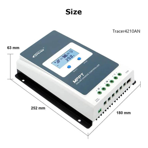 Angled view of 30A MPPT Solar Charge Controller With LCD Display, Auto 12V/24V Operation, Max PV 100V, product dimensions visible.