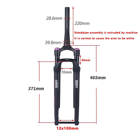 Mountain Bike Front Fork With Pneumatic Shock Absorbing Magnesium Alloy Build 12x100mm Thru Axle Disc Brake Compatible Rugged Upgrade For Rough Trails Orange Logo, with detailed measurements