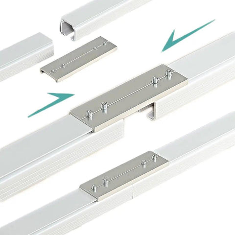 Heavy Duty Sliding Barn Door Track System With Silent Gliding Rollers, white aluminum rails and metal connector for seamless installation.