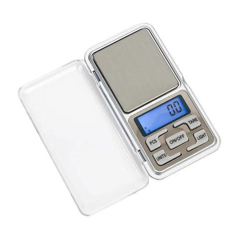 Compact Digital Pocket Scale 500g Capacity with 0.01g Precision, Backlit LCD Display, showing 0.0 with protective cover open