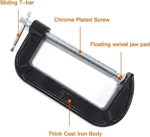 Beefy 6 Inch C Clamp Set Built Tough With Two And Five Eighths Inch Throat Depth And 1350 Lb Clamp Force, showing cast iron body and swivel pad