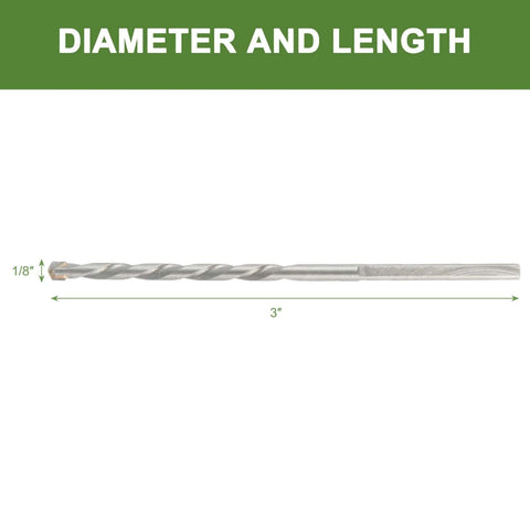 Side view of masonry drill bit, 1/8 in diameter, 3 in length, 3-flat shank
