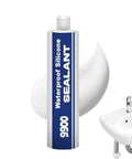 Heavy Duty Waterproof Sealant And Bonding Adhesive With Rock Solid Polymer Formula For Bulletproof Structural Reinforcement and Long Term Leak Proof Grip On Wood Metal And Composite Surfaces on a white surface next to a sink.