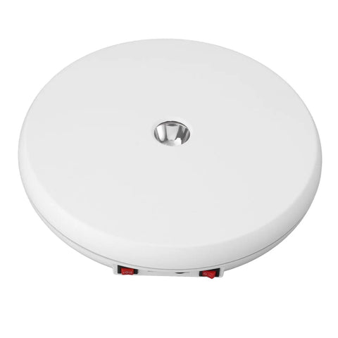 Premium 10 Inch Electric Rotating Display Stand With Bright LED Lights And Zero Noise Motorized Turntable top view showcasing the sleek white design.