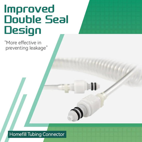Coiled Homefill tubing connector assembly; white plastic connector with black O-rings, coiled tubing in background.