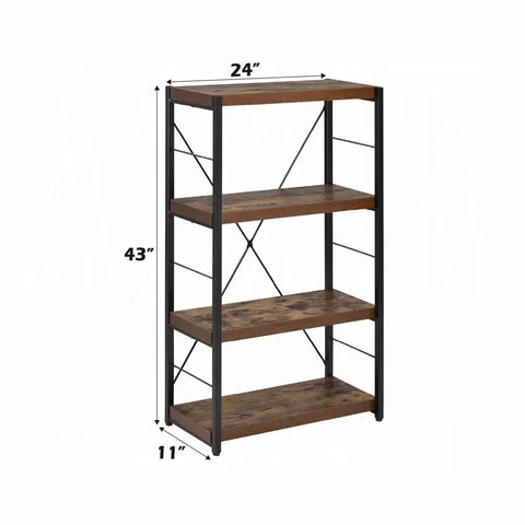 Corner Wall Shelf Organizer, 3 Tier Industrial Style Metal Bookshelf with black frame and oak finish, measuring 24x11x43 inches