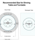 Recommended size chart for Top Shelf Thick Tempered Glass Lazy Susan Rotating Serving Tray on round and rectangular tables.