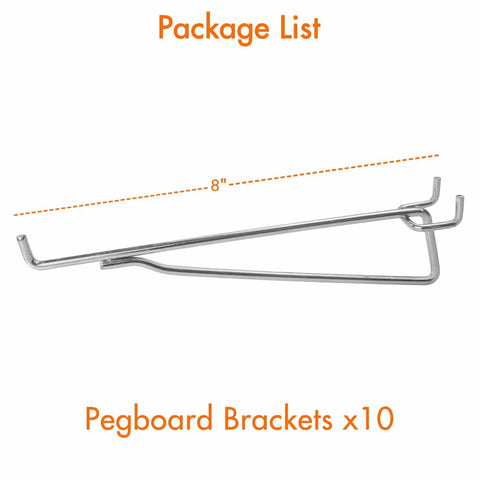 Heavy Duty Pegboard Hooks Kit Ten Pack Eight Inch Silver Pegboard Brackets One Quarter Inch Pegboard Organizer Accessories