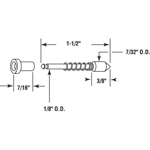 Hella Sturdy Nylon Plunger Bolts Spring Loaded Window Screen Latch Dead Simple Swap Built Solid Frame Compatible Smooth Operation Secure Fastener 4 Pack technical diagram showing dimensions of bolt.