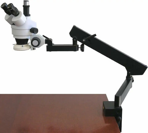 Professional Trinocular Stereo Zoom Microscope With Long Working Distance For Precision Inspection Of Circuits And Dental Appliances Includes 10x Wide Field Eyepieces For Clear Comfortable Viewing on articulating arm stand