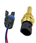 Engine coolant temperature sensor with pigtail connector; brass sensor body and blue/red wires (two components), close-up