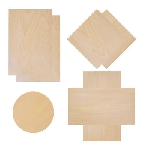 Baltic birch plywood sheets, 3mm (1/8 in) thick, 12 x 18 in, craft grade B/BB, box of 6 with assorted shapes