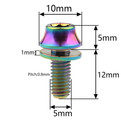 Colorful titanium bicycle bottle cage bolts with washers, M5x12mm, 6AL4V Grade 5, for cycling accessories, 0.8mm thread pitch.