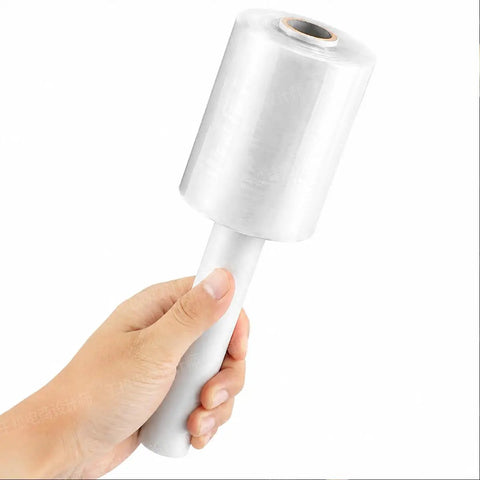 Pro Level Mini Stretch Wrap With No Sweat Handle 5 Inch By 1000 Feet 80 Gauge Cast Film 8 Pack held in hand for easy use.