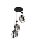 Three Light Industrial Pendant Lights With Amber Glass Shade And Adjustable 0 To 47 Inch Rubber Cord Black Metal Cage Fixture