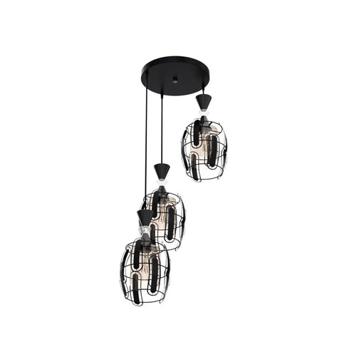 Three Light Industrial Pendant Lights With Amber Glass Shade And Adjustable 0 To 47 Inch Rubber Cord Black Metal Cage Fixture