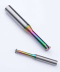 Rainbow-coated carbide threading end mills for aluminum, two pieces, 60° thread angle, angled view.