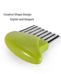 Crinkle cutter with green handle and stainless steel wavy blade for vegetables.