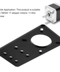 NEMA 17 stepper motor mounting plate, black anodized aluminum with a large central hole and multiple mounting holes