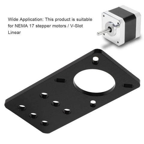 NEMA 17 stepper motor mounting plate, black anodized aluminum with a large central hole and multiple mounting holes