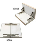 Heavy Duty Stainless Steel 90 Degree Folding Hinge Hidden Shelf Bracket Table Mount With No Sweat Setup For Cabinetry And Decor Built Tough Rust Resistant Hardware Kit 2 Piece Set in open and close positions.