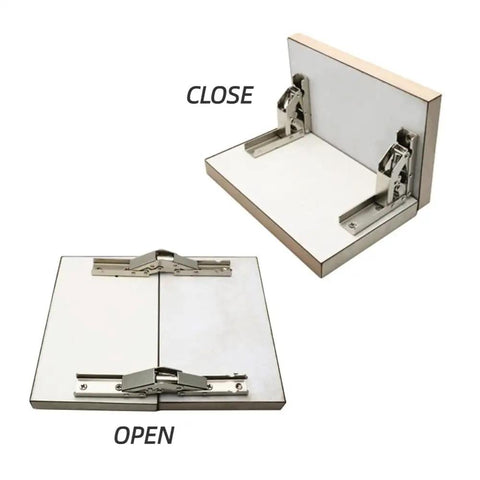 Heavy Duty Stainless Steel 90 Degree Folding Hinge Hidden Shelf Bracket Table Mount With No Sweat Setup For Cabinetry And Decor Built Tough Rust Resistant Hardware Kit 2 Piece Set in open and close positions.