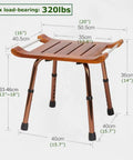 Teak Wood Bath Shower Stool With Non Slip Feet Height Adjustable Lightweight Shower Bench for seniors with measurements shown