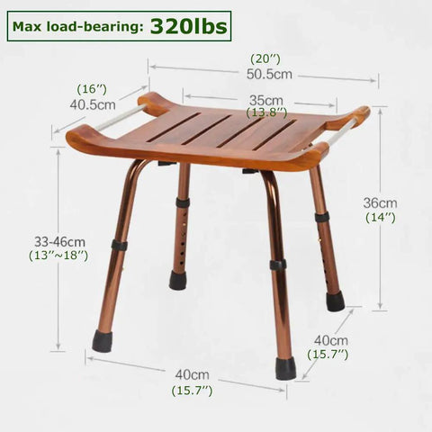 Teak Wood Bath Shower Stool With Non Slip Feet Height Adjustable Lightweight Shower Bench for seniors with measurements shown