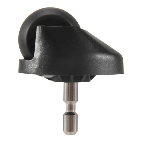 Front wheel assembly for vacuum cleaner; black plastic housing with metal axle (close-up).