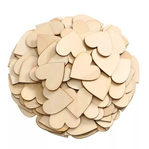 Pile of 100 natural unfinished two-inch wooden heart shapes for crafts, DIY wedding decor, Christmas party embellishments.