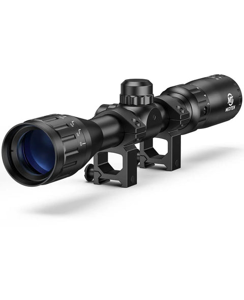 3-9x32 AO rifle scope with R4 reticle and 20mm mounts, high clarity dope optics, rugged aluminum tubing, side angle view