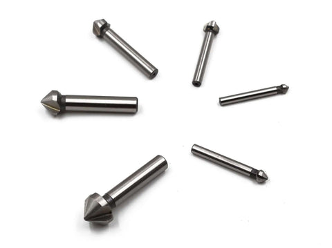 Six-piece set of silver HSS 90-degree chamfering end mills, 3-flute
