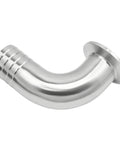 Stainless steel 304 sanitary hose elbow, 90-degree, 3/4" barb to 1.5" tri-clamp ferrule, with hose clamp