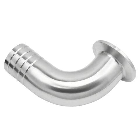 Stainless steel 304 sanitary hose elbow, 90-degree, 3/4" barb to 1.5" tri-clamp ferrule, with hose clamp