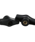 Two black nylon wing knobs for T-Track clamping fixtures, part of Six Pack 1/4-20 Threaded Thru Nuts For T-Track Clamping Fixtures.