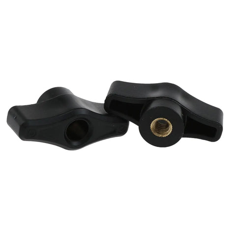 Two black nylon wing knobs for T-Track clamping fixtures, part of Six Pack 1/4-20 Threaded Thru Nuts For T-Track Clamping Fixtures.