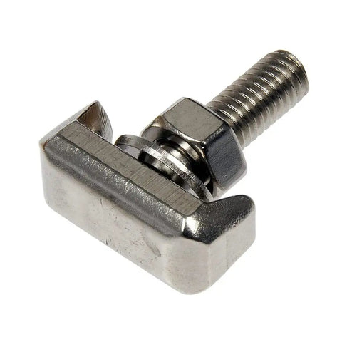 Close-up of Beefy 2 Pack T Bolt Battery Terminal with nut and washer, stainless steel, rust resistant replacement for standard cable ends.