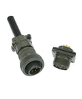 Two military-spec circular connectors: plug and receptacle, olive drab with threaded coupling, 4-pin layout