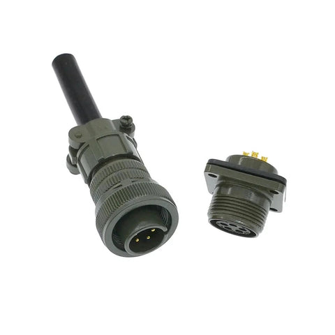 Two military-spec circular connectors: plug and receptacle, olive drab with threaded coupling, 4-pin layout