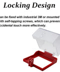 Transparent Flip Style Push Button Switch Cover For Electrical Outlets Protects Emergency Stop Guard Case Made From Durable PC Material With Quick Access Shield For Safe Button Operation showing locking design, fixed with 3M tape or screws.